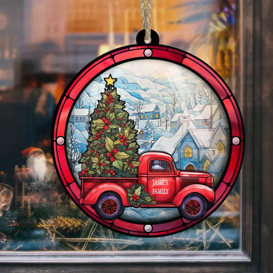 2 Layered Christmas Truck Suncatcher Ornament - Mica Backing and Wooden Front