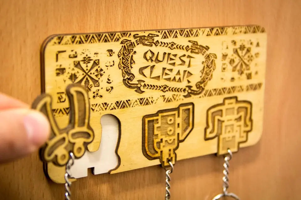 Quest Clear! Laser cut & Engraved Keyring And Wall Mount