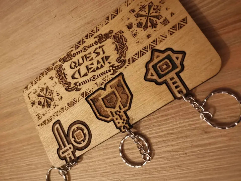 Quest Clear! Laser cut & Engraved Keyring And Wall Mount